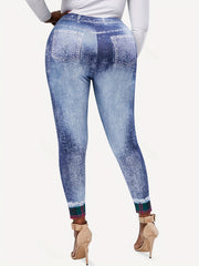 Denim Plaid Flower Print Leggings Medium Stretch