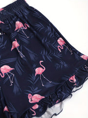 Flamingo Print Lounge Bottoms Elastic Waist Shorts Women's Sleepwear