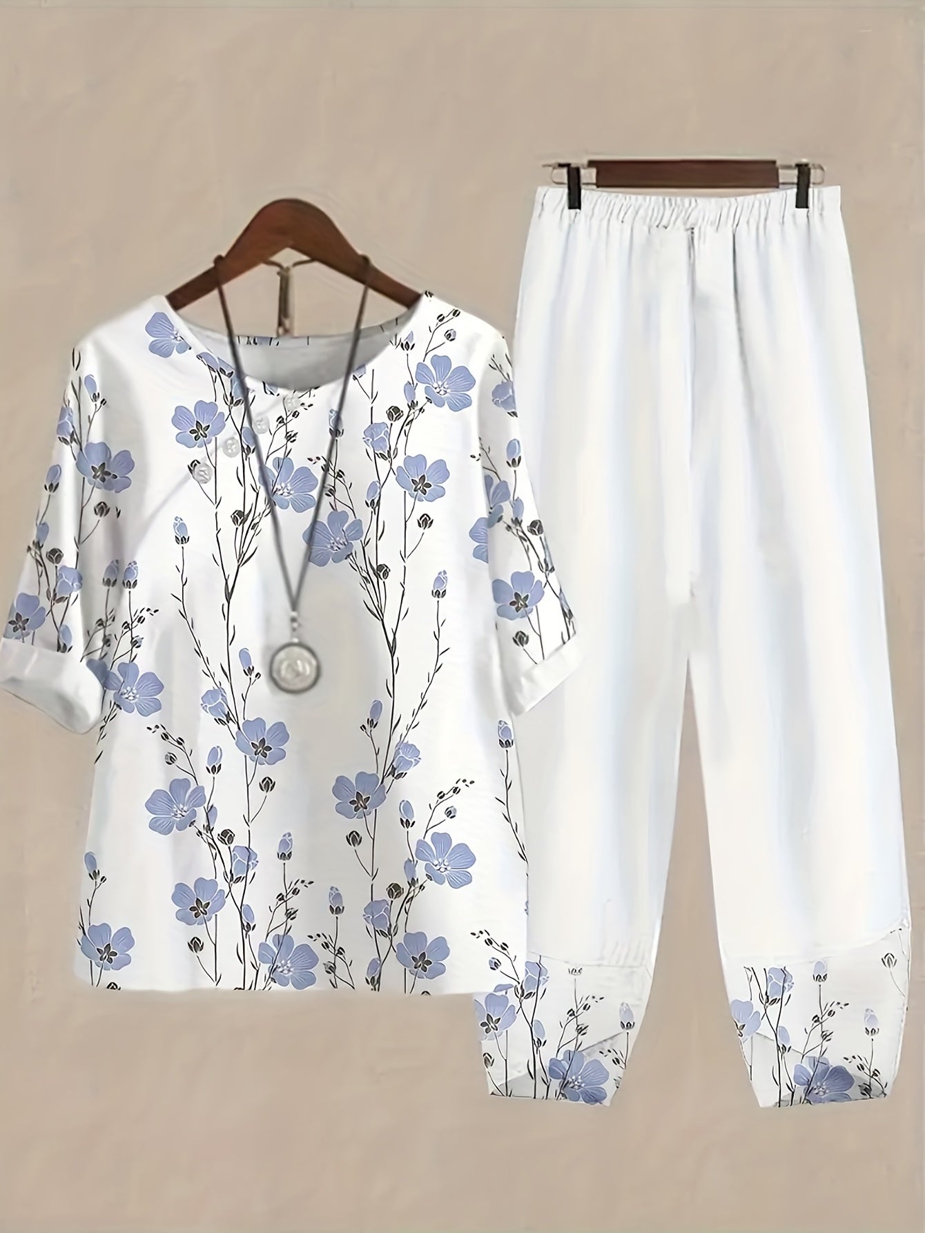Floral Print 2pc Set Crew Neck 3/4 Sleeve Tops & Elastic Waist Pant