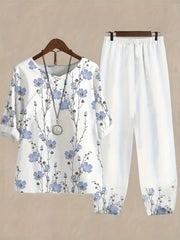 Floral Print 2pc Set Crew Neck 3/4 Sleeve Tops & Elastic Waist Pant
