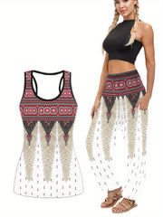 Feather Print Tank Top & Harem Pants Sports Set