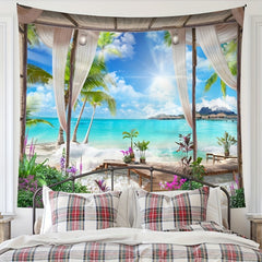 Seaside Window Scenery Tapestry Beach View Home Decor Dorm Room