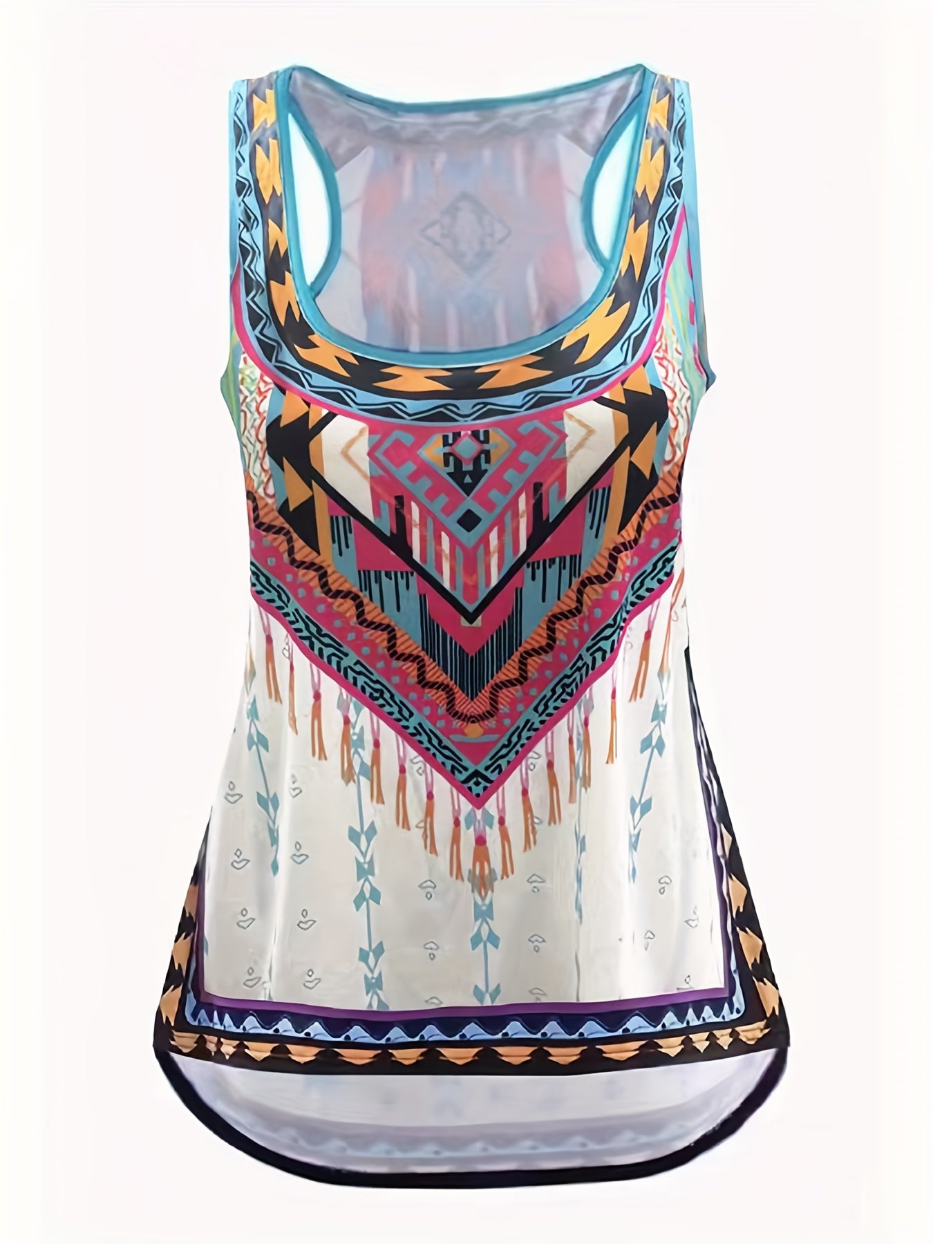 Geometric Print Tank Top Round Neck Slight Stretch