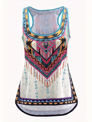 Geometric Print Tank Top Round Neck Slight Stretch