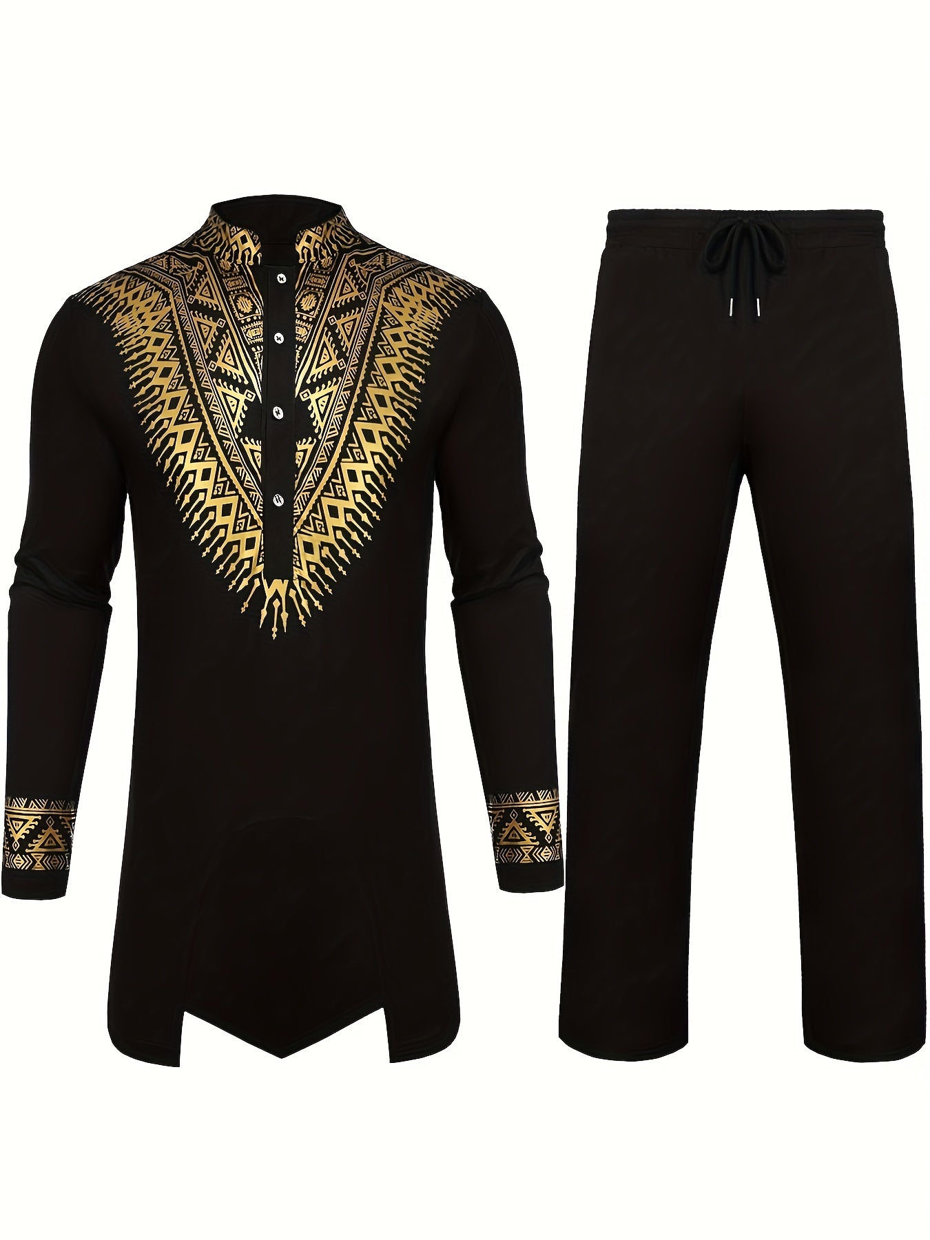 African 2 Piece Set Metallic Golden Pattern Print Cotton Dashiki Shirt And Pants