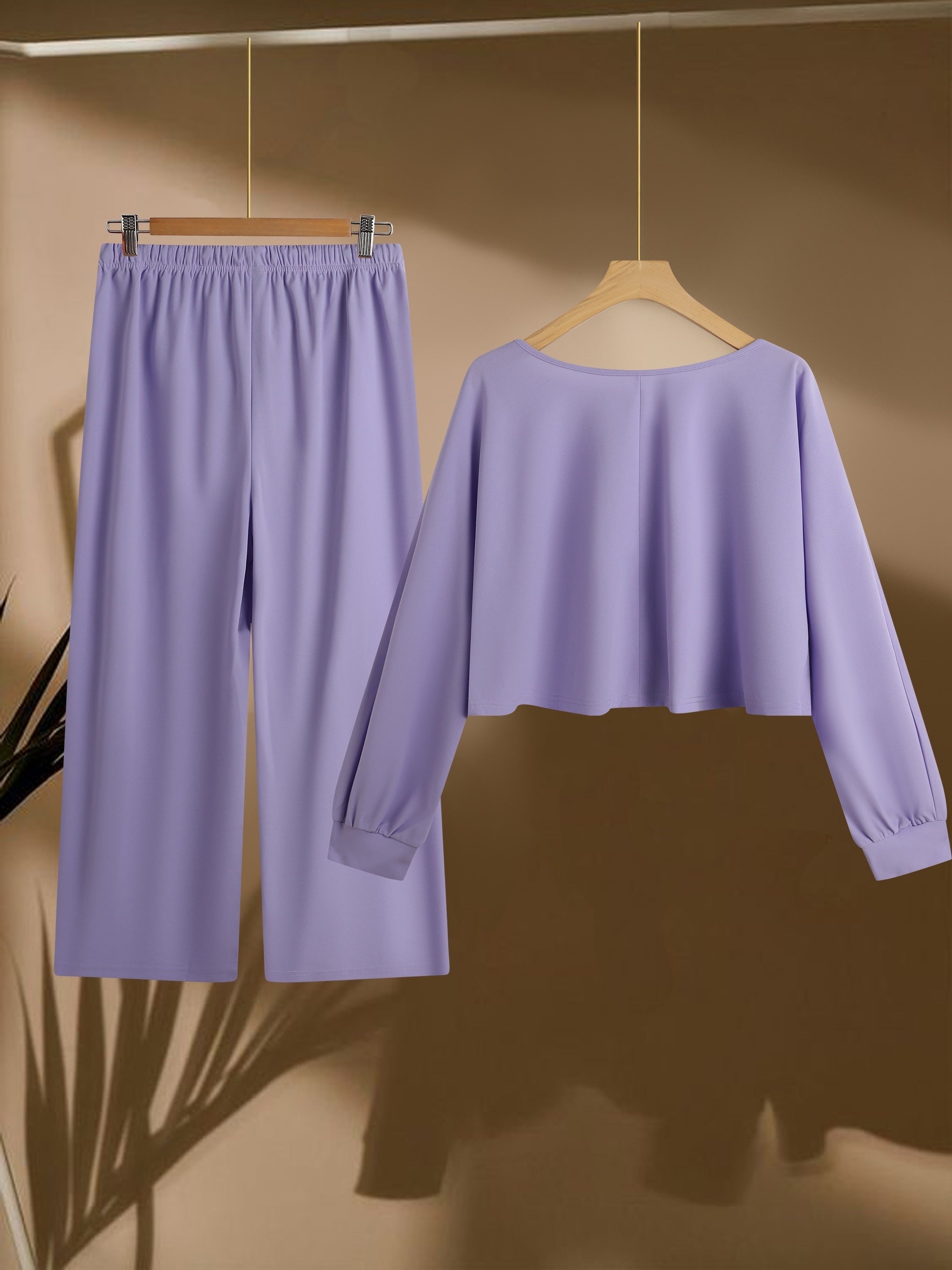 Solid Lantern Sleeve Top & Drawstring Pants Set