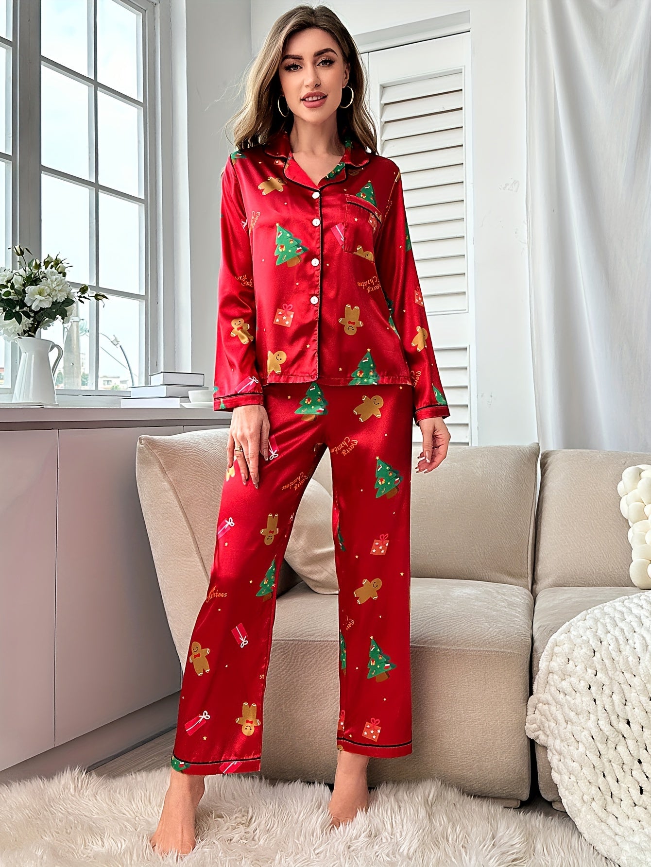 Christmas Print Pajama Set Long Sleeve Top & Elastic Pants Women's Sleepwear