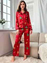Christmas Print Pajama Set Long Sleeve Top & Elastic Pants Women's Sleepwear