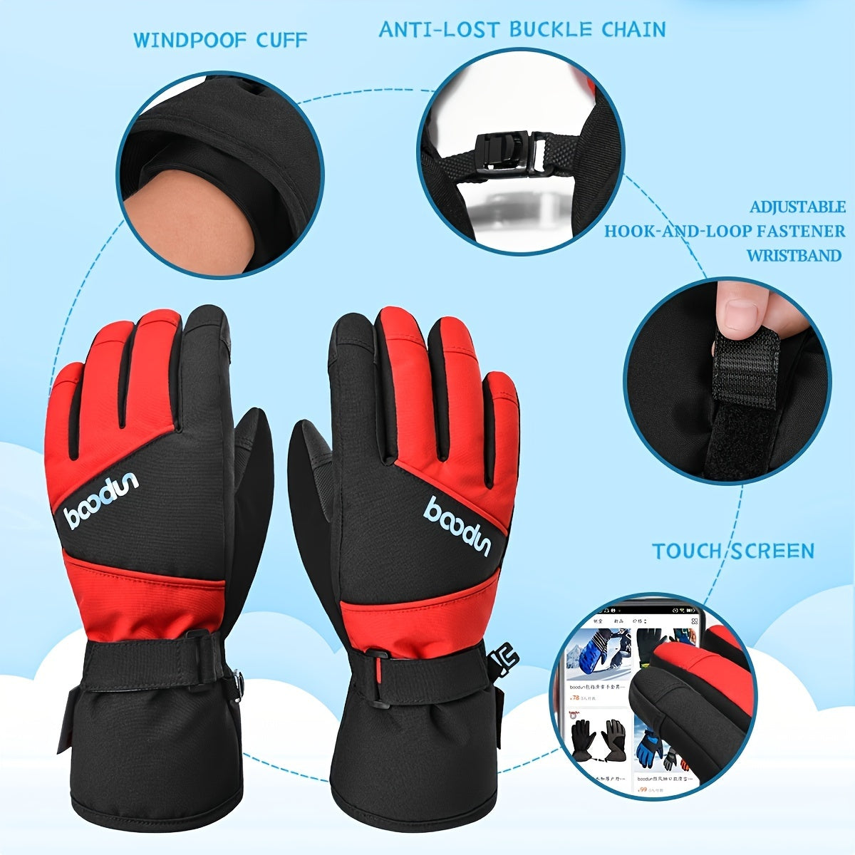 Red Warm and Windproof Kids Gloves for Winter Boys and Girls