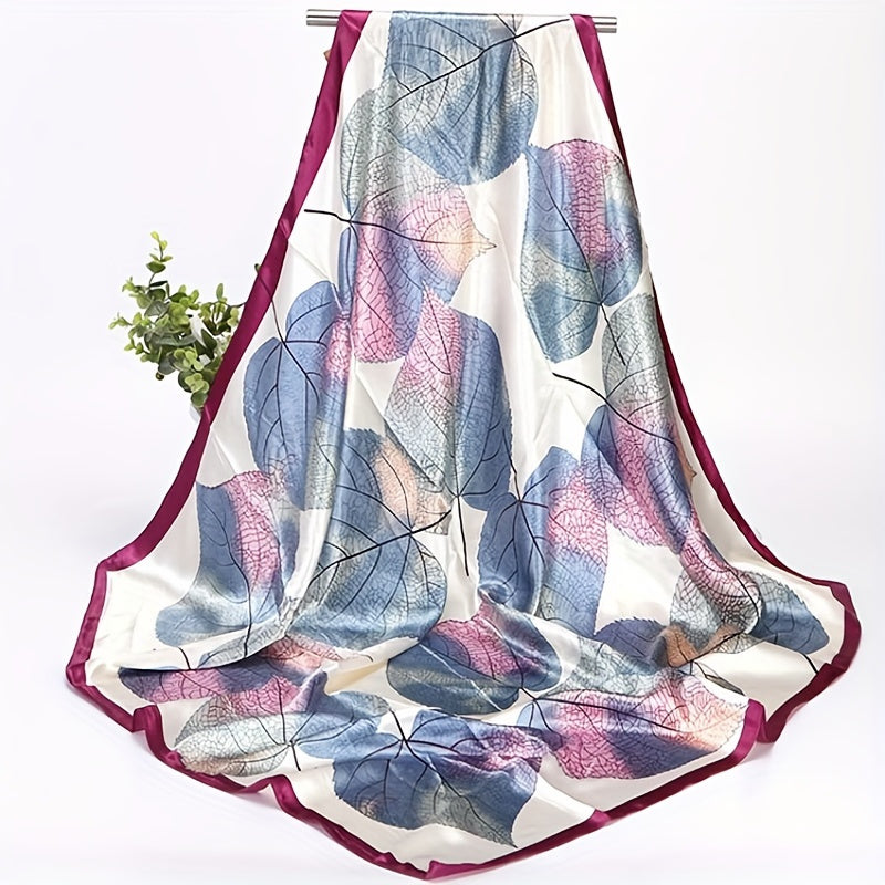 Colorful Leaf Print Square Scarf Satin Bandana Shawl Silk
