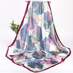 Colorful Leaf Print Square Scarf Satin Bandana Shawl Silk