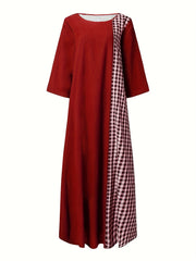 Colorblock Plaid Print Three Quarter Sleeve Round Neck Maxi Dress