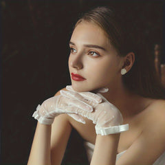 Lace Short Gloves Polka Dots Bow Wedding Bridal Dress Elastic Gloves