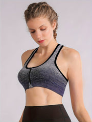 Ombre Front Zipper Shockproof Sports Top Racer Back Fitness Yoga Tan Top