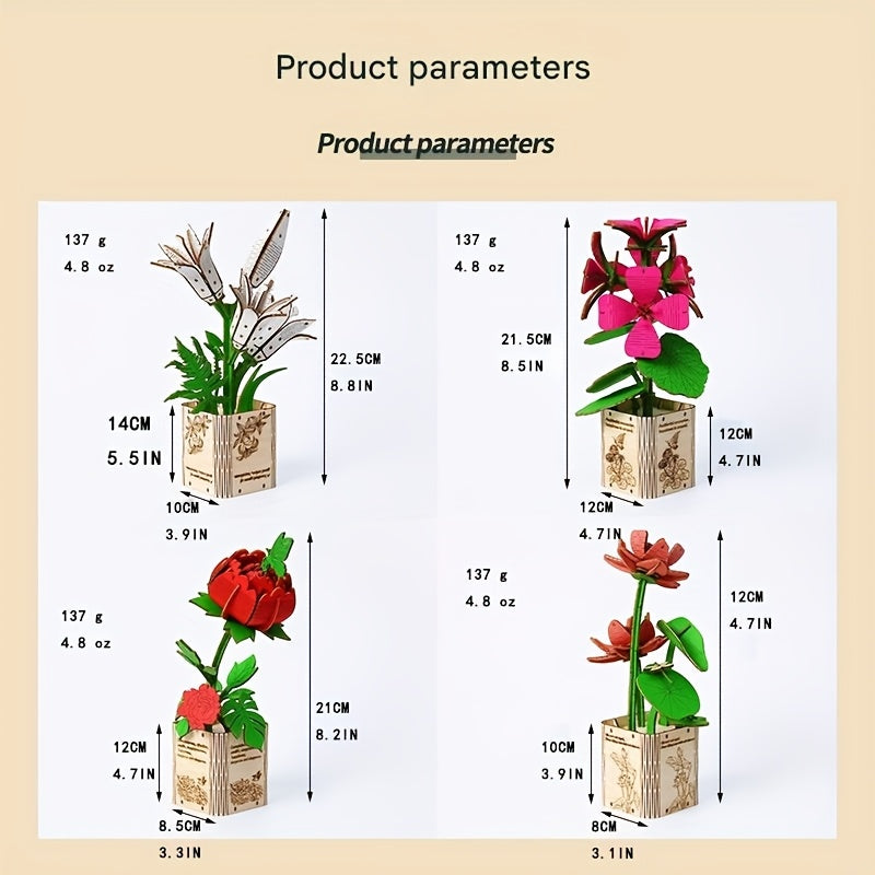3D Wooden Peony Flower Puzzle Educational Toy with Artificial Flowers