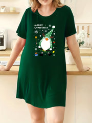 Christmas Lounge Dress Women's Plus Gnome & Snowflake Print Nightdress