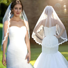 Romantic Floral Bridal Veil with Lace Trim for Brides