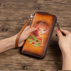 Handcrafted Leather Women's Wallet Floral & Illustration Zipper