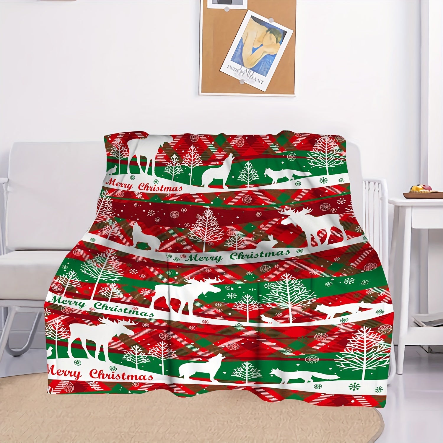 Christmas Reindeer Print Flannel Blanket Soft Warm Lightweight Blanket
