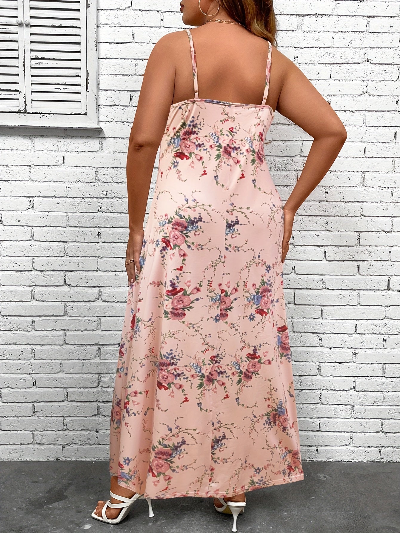 Floral Print V Neck Backless Maxi Cami Dress