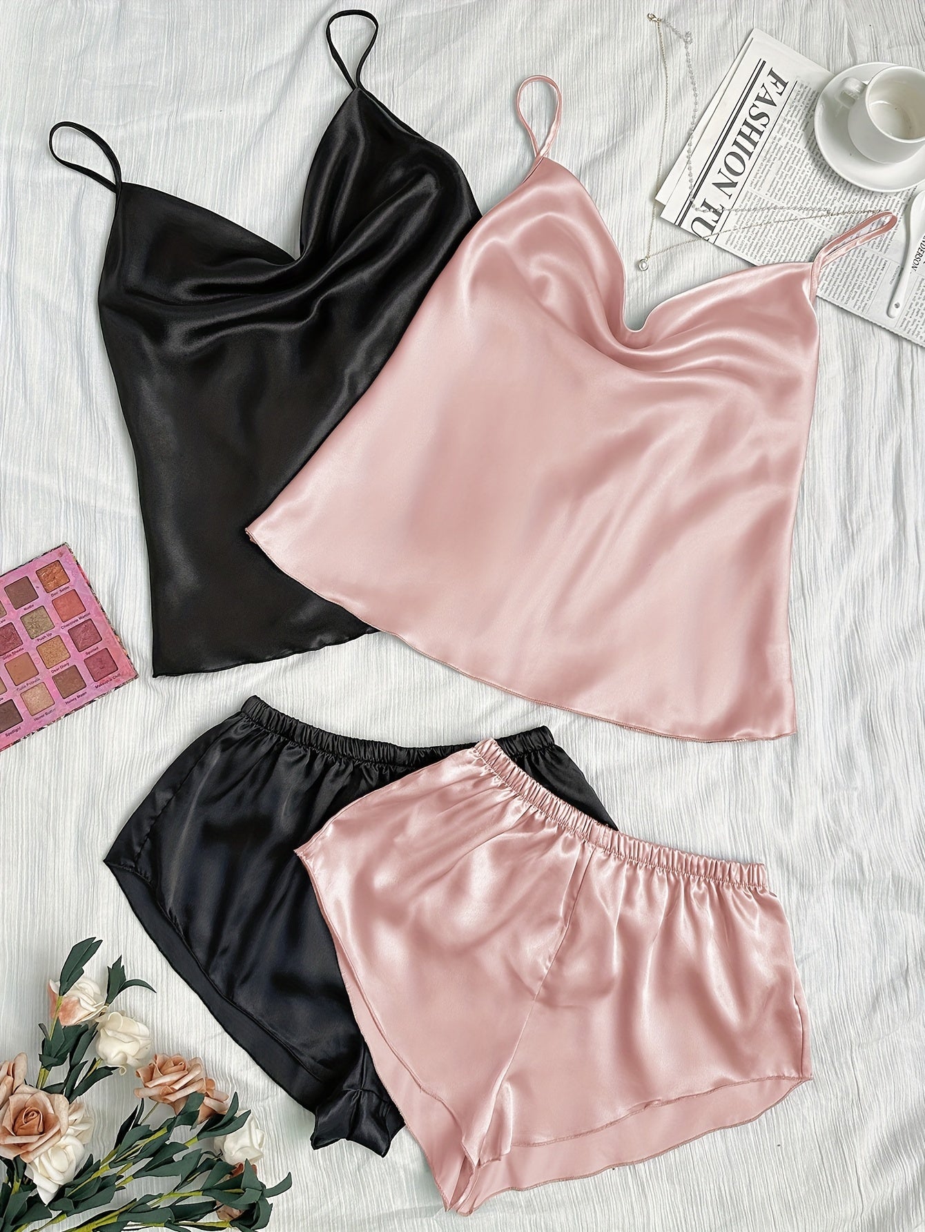 Solid Satin Pajama Set Draped Collar Cami Top & Shorts