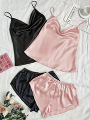 Solid Satin Pajama Set Draped Collar Cami Top & Shorts
