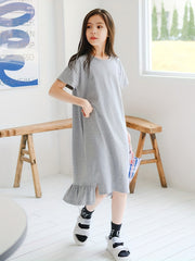 Girl's Cotton Tee Dress Short Sleeve Crew Neck Dress For Summer