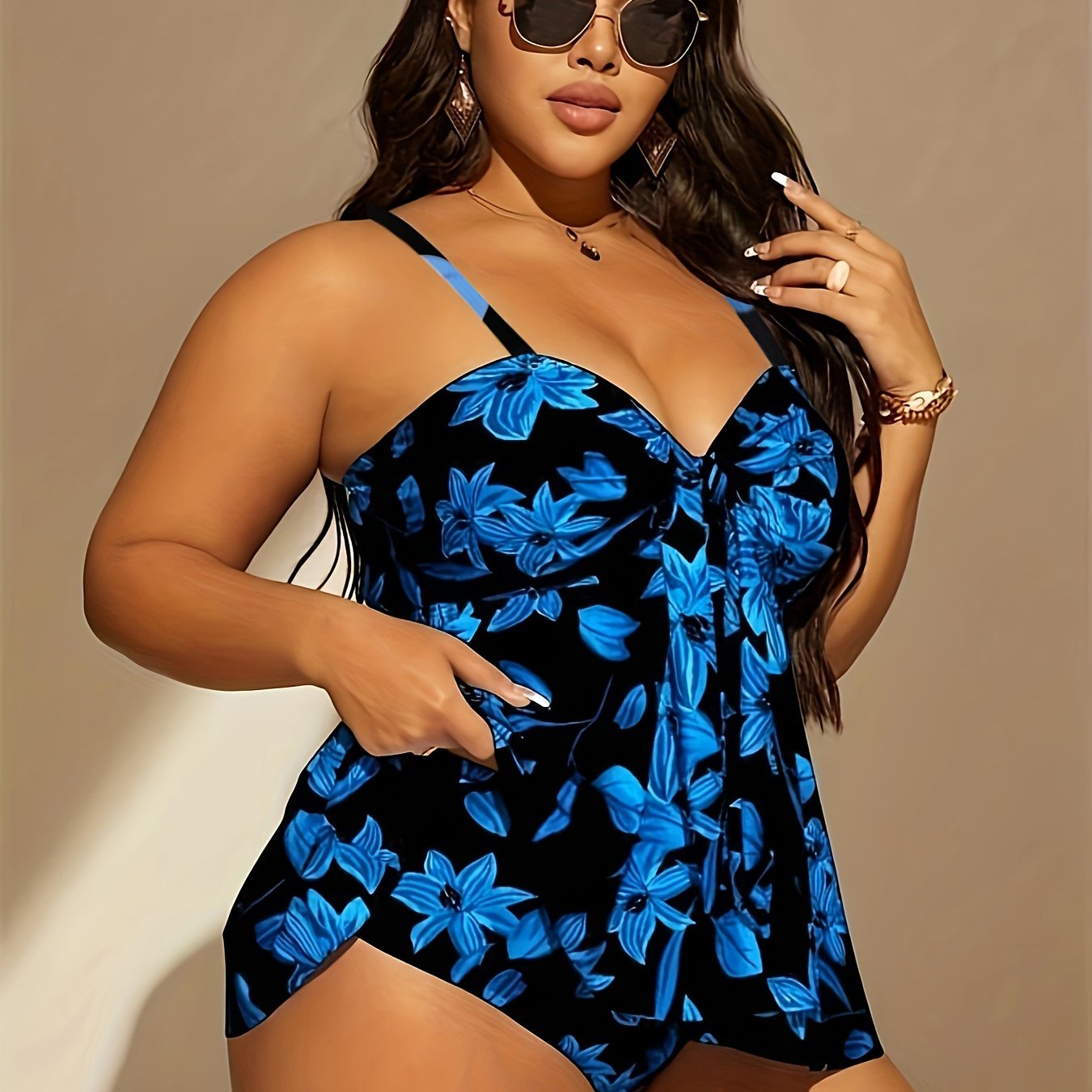 Floral Knot Front Tankini Set V Neck Cami Top & Panty Swimsuit