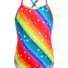 Toddler Girls Rainbow Stripes And Stars Graphic Swimsuit
