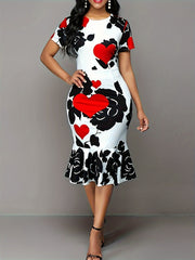 Women's Plus Floral & Heart Print Casual Dress Short Sleeve Round Neck
