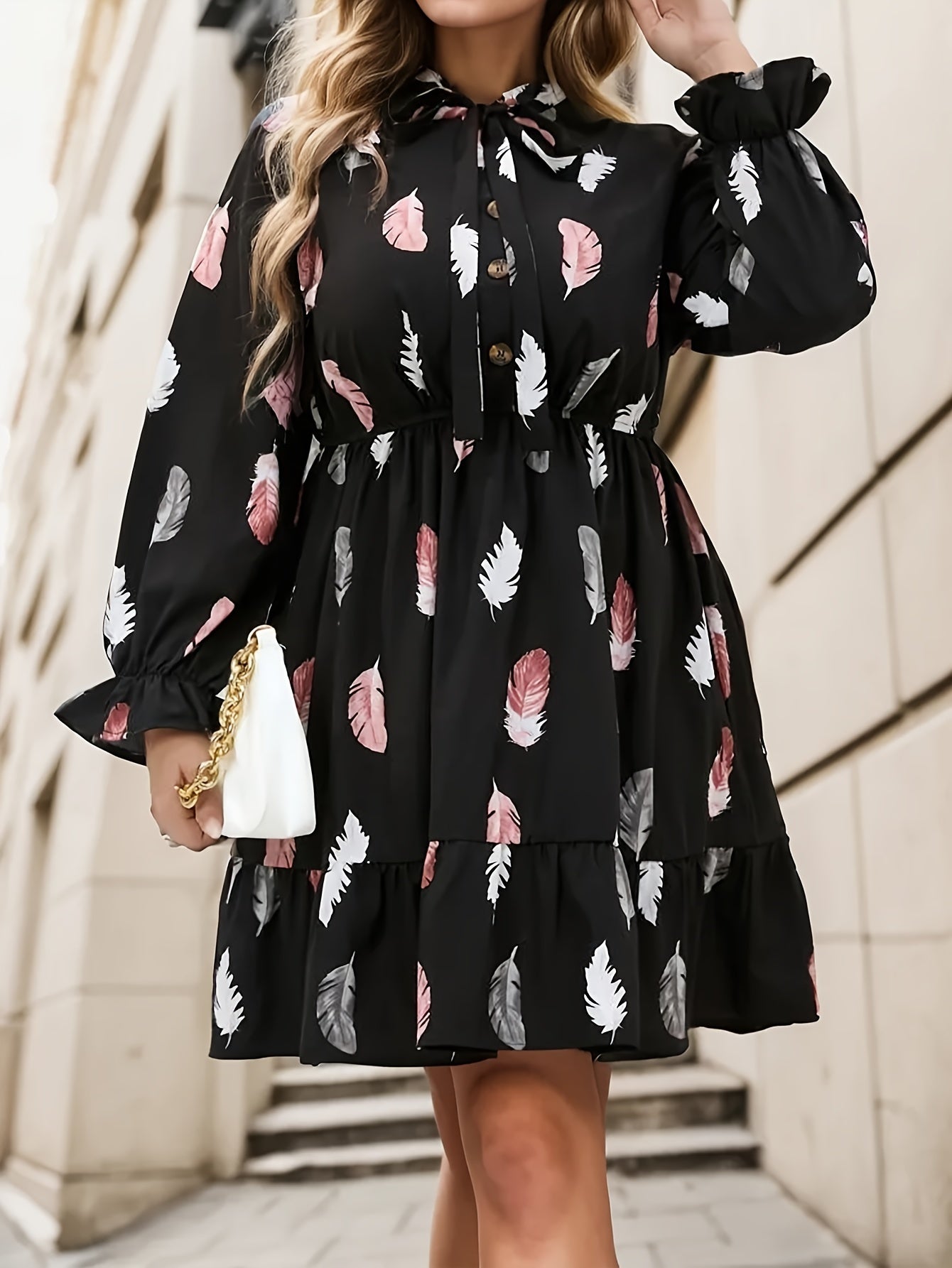 Women's Plus Feather Print Lantern Sleeve Bow Knot Mini Smock Dress
