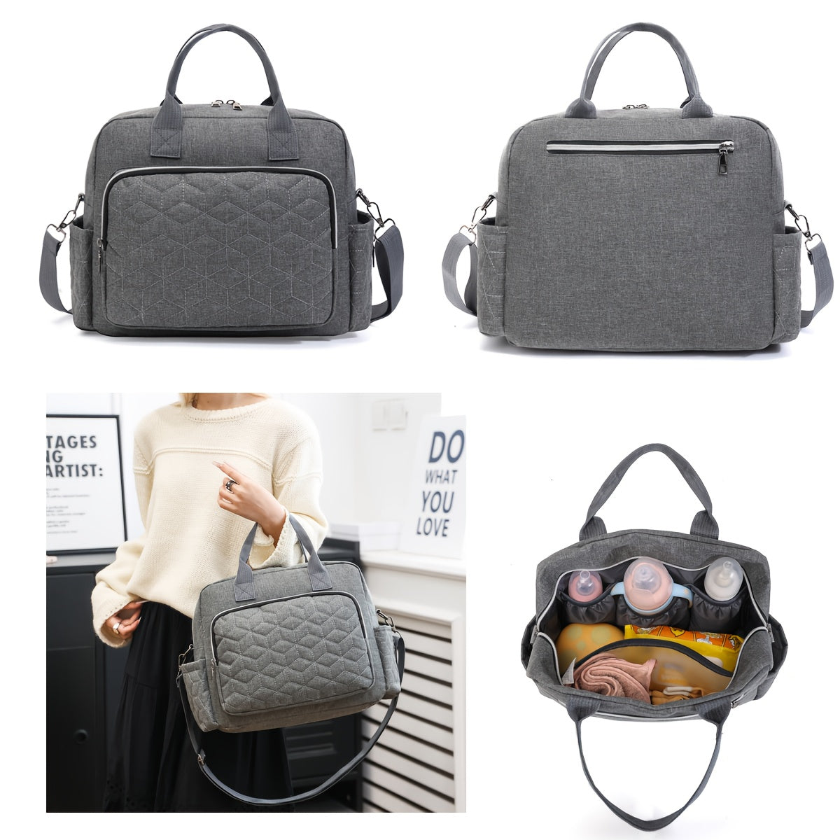 Stylish Grey Argyle Embroidered Mommy Bag