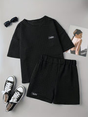 Waffle Casual Two piece Set T shirt & Shorts Women's Clothing