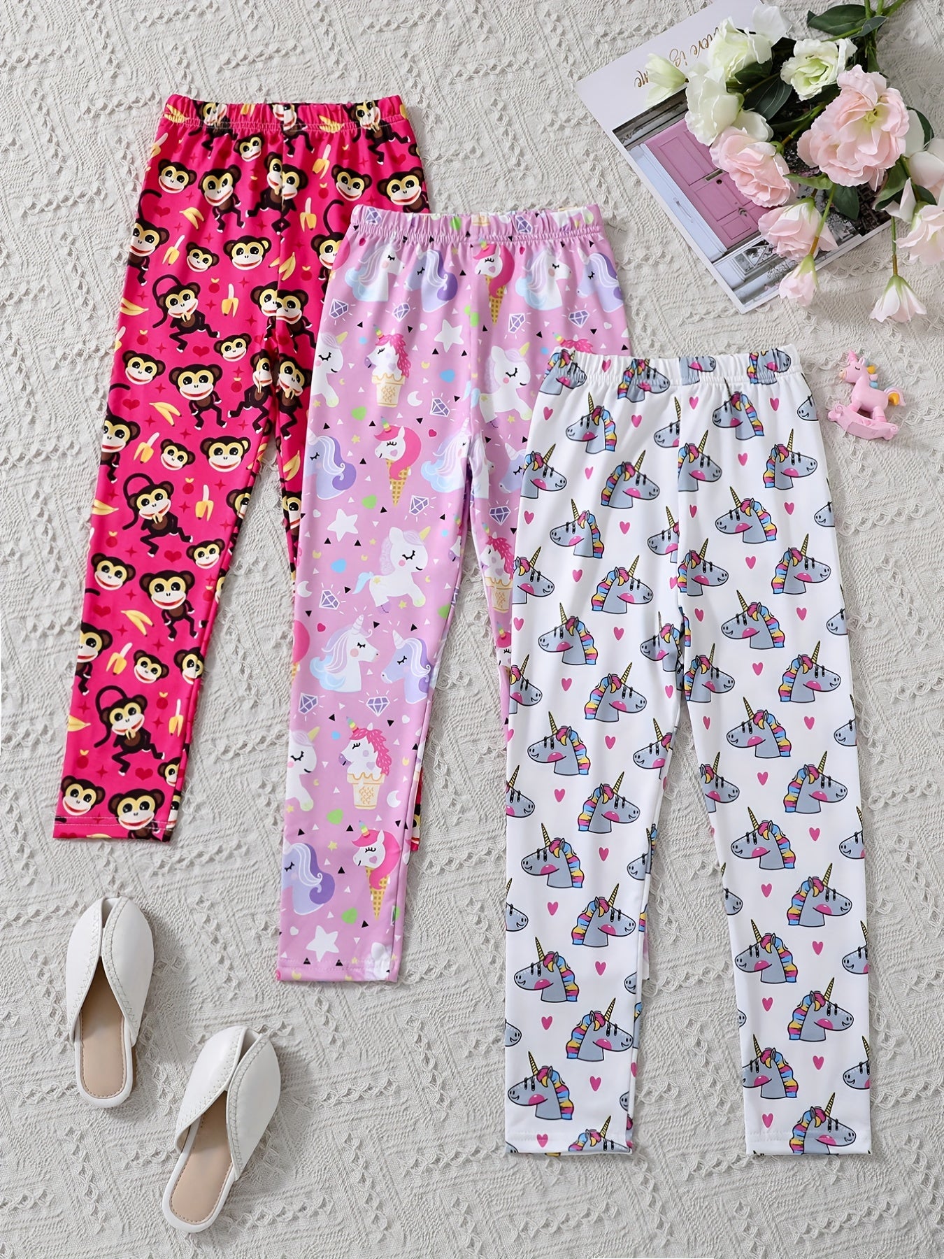 3pcs Girls Cartoon Pattern Skinny Pants for Sports Yoga Spring and Fall