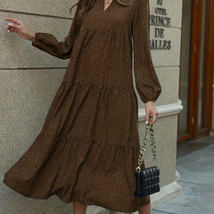 Leopard Print Tiered Dress V Neck Long Sleeve Maxi Dress Women's Clothing