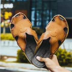 SENBURNY Men's Leather Closed Toe Slides Soft Slippers Anti-Skid Sandals