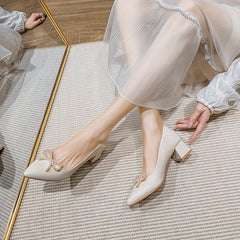 Pearl Bowknot Mid Heel Pointed Toe Pumps