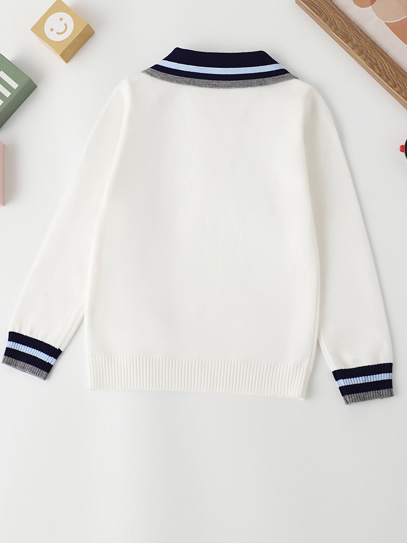 Boys College Style Knit Uniform Long Sleeve Polo Shirt