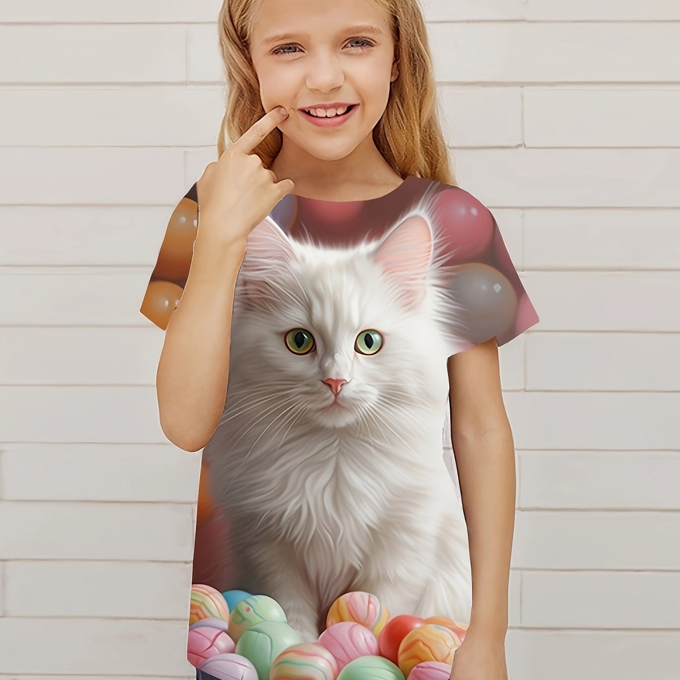 Breathable Kitty Graphic Short Sleeve T-shirt for Girls