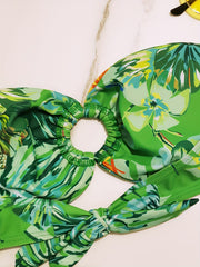 Tropical Plant Leaf & Flower Print Bandeau Two Piece Bikini Set