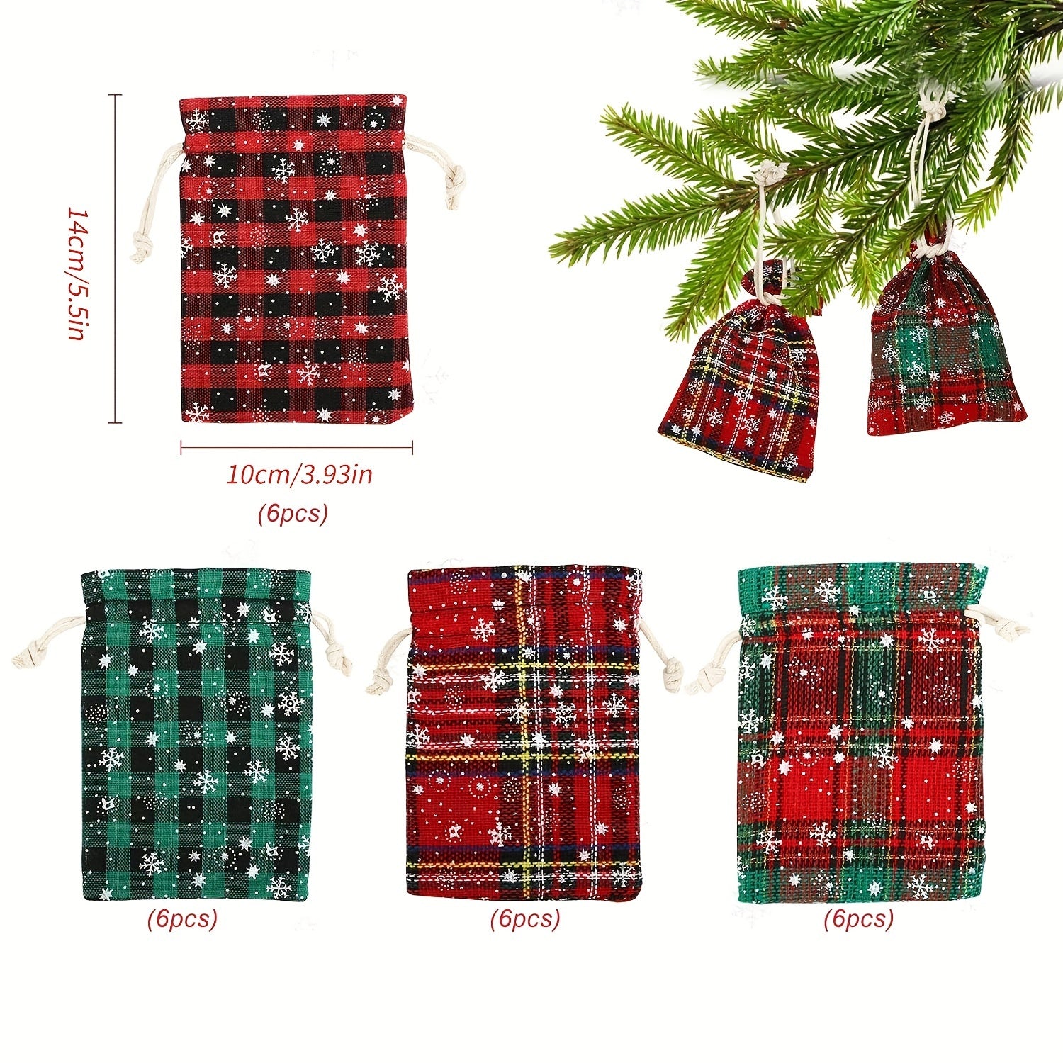 6pcs Plaid Fabric Gift Bags 24 Days Advent Calendar Cand