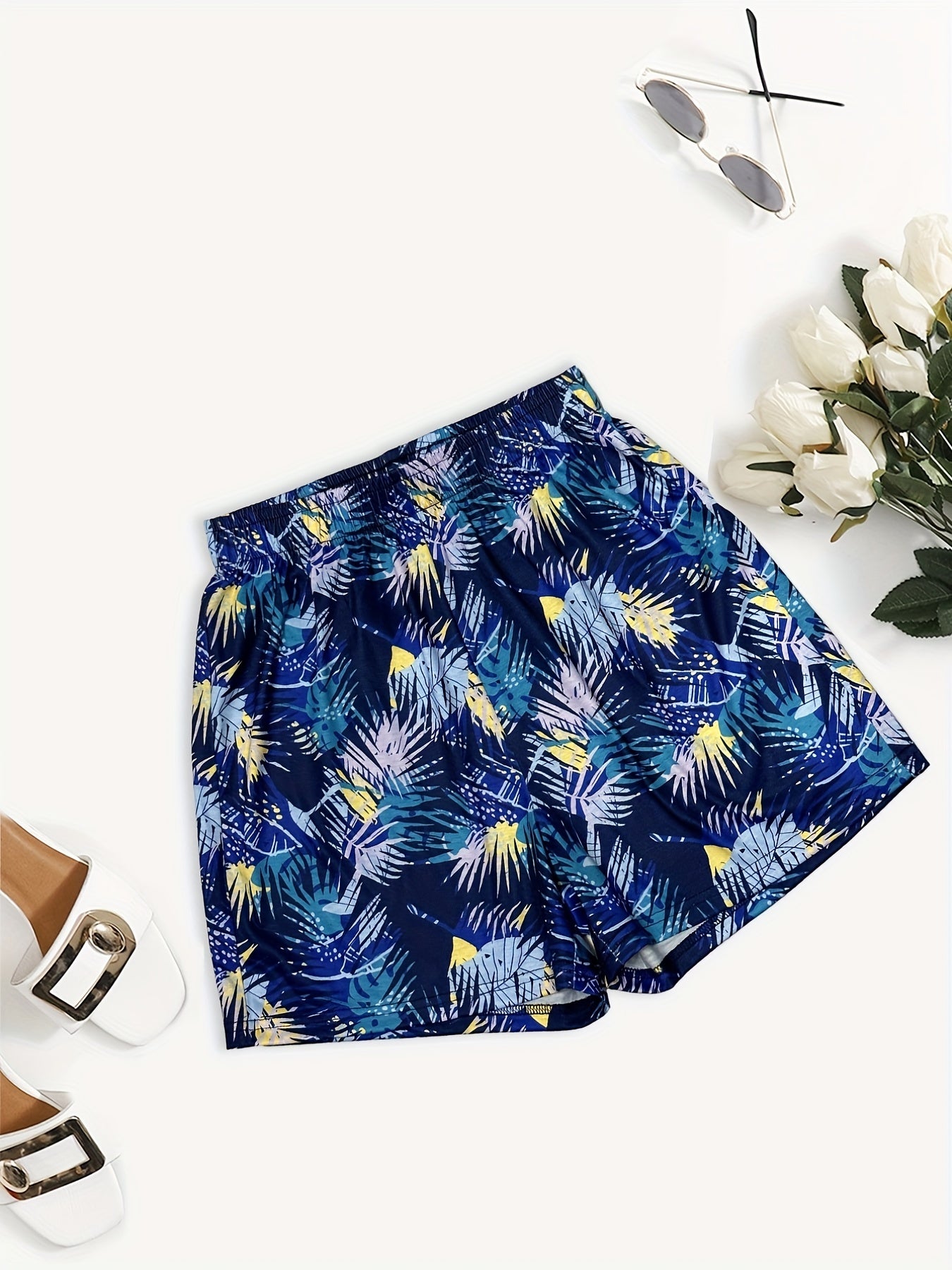 Tropical Print Elastic Waist Shorts for Women