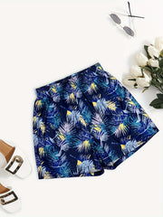 Tropical Print Elastic Waist Shorts for Women