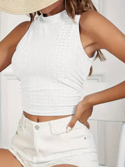 Eyelet Embroidery Ruched Tank Top Mock Neck Sexy Summer Women's Top