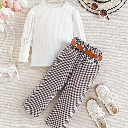 Girl's 2pcs Plaid Print Top & Belted Pants Set