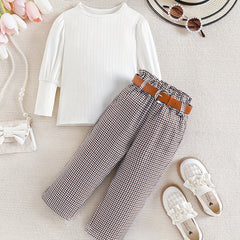 Girl's 2pcs Plaid Print Top & Belted Pants Set