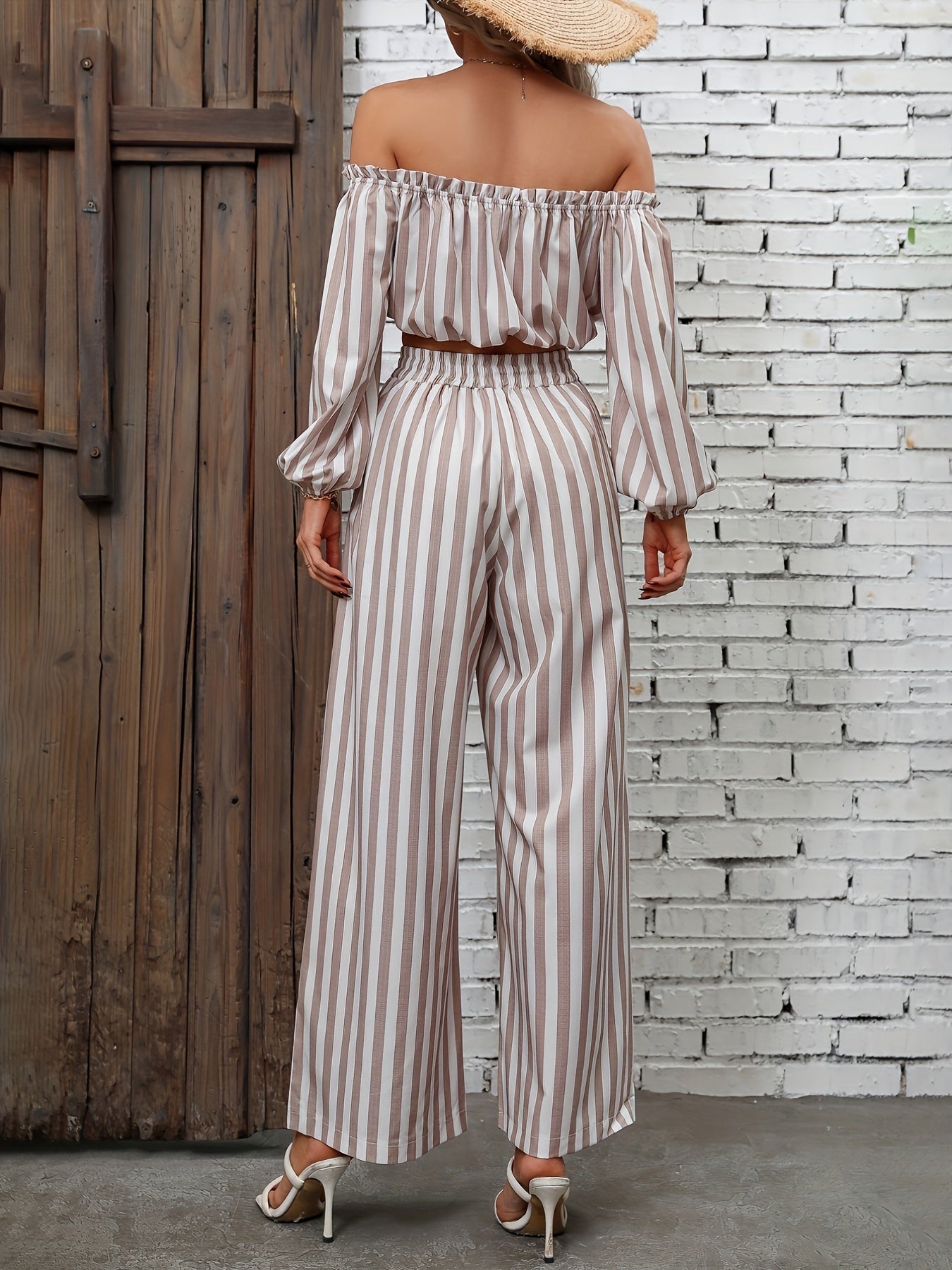 Striped Off Shoulder Crop Tops & Wide Leg Pants Set