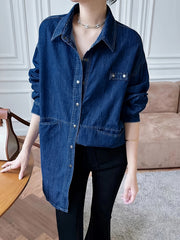 Denim Top Women's Long Sleeve Button Down Blouse With Pockets