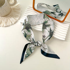 Green Plant Print Skinny Scarf Vintage Silky Long Ribbon Neckerchief
