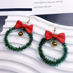 Christmas Wreath Dangle Earrings Sparkle Green Ribbon Red Bow Festive Jewelry